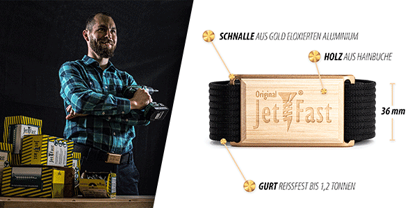 Abbildung Gürtel mit Details und glücklicher Mann mit Akkuschrauber
