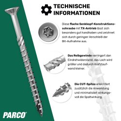 PARCO Holzbauschrauben 8,0x120mm TX40 Teilg. bl.vz. mit ETA Zulassung 50 Stück