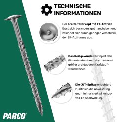 PARCO Tellerkopfschrauben 6,0x100 mm TX30 Teilg. bl.vz. mit ETA Zulassung 100 Stück