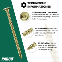 Tellerkopfschrauben 8 x 180 mm gelb verzinkt TX40 mit ETA – 50 Stück