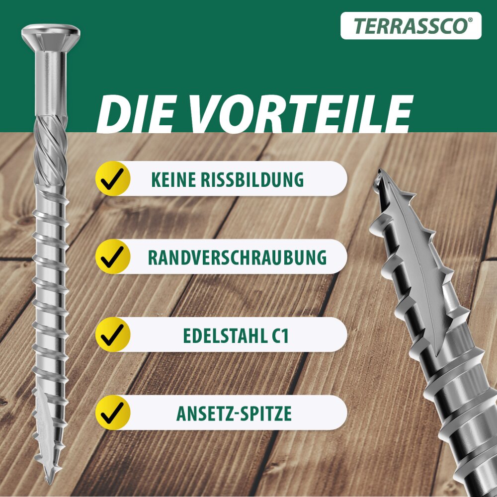Terrassenschrauben Edelstahl rostfrei A2 T-INOX mit Schneidkerbe, Reibteil und TX 25 Antrieb Terrassenschrauben Edelstahl rostfrei A2 T-INOX mit Schneidkerbe, Reibteil und TX 25 Antrieb
