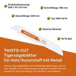 Tigersägeblätter für Holz/Kunststoff mit Metall 10/14 ZpZ, 200 mm - 5 Stück