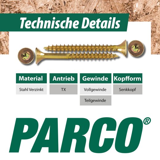 PARCO® 6x140 Spanplattenschraube 100 Stück Teilgewinde TORX gelb verzinkt 