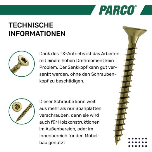 PARCO® 4x25 Spanplattenschraube 1000 Stück Vollgewinde TORX gelb verzinkt 