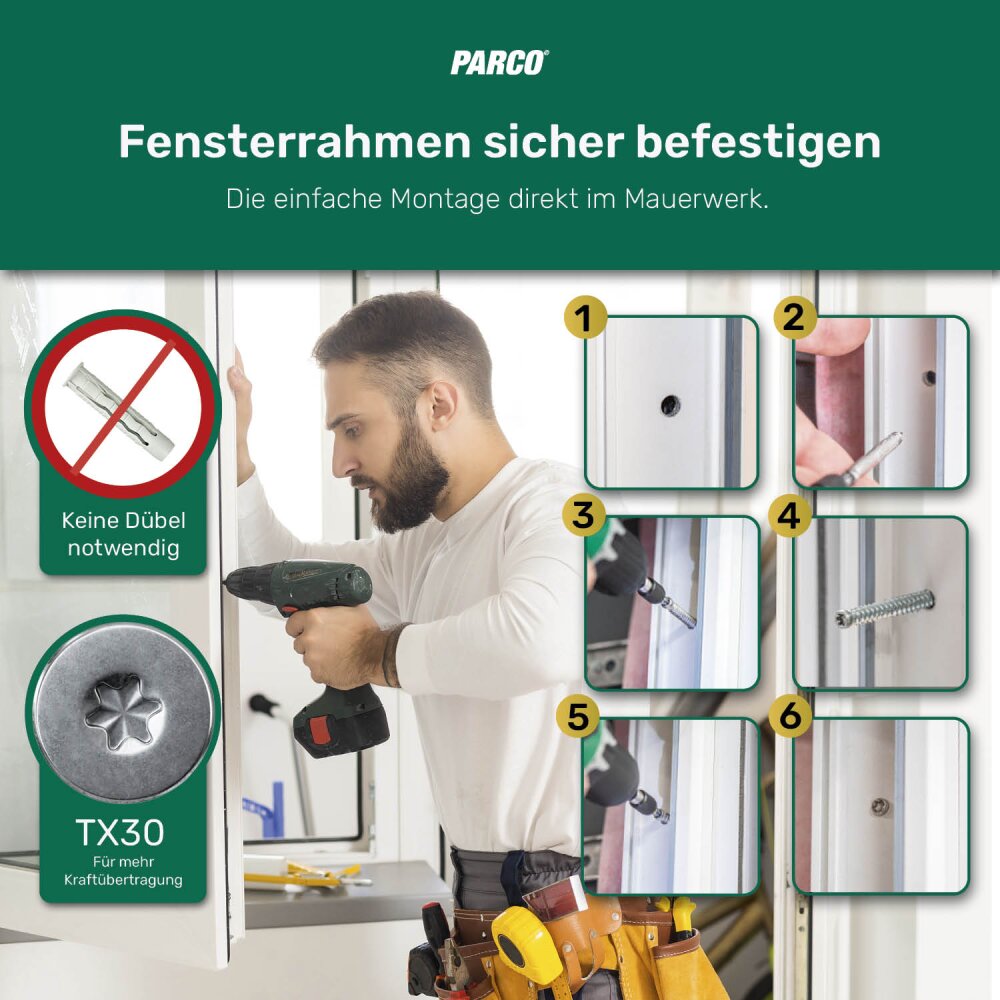 Rahmenbefestigung Ohne Dübel SKIR'CO 50 Stück Betonschrauben 7,5 X 152 Mm – Verzinkt, Senkkopf, Für Mauerwerk, Inkl. Passendem Bit – Ideal Für Rahmenbefestigung