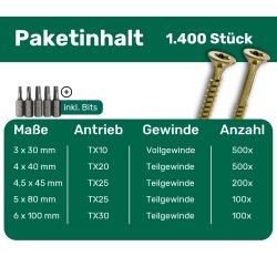 Spanplattenschrauben Set 1400 Stück inkl. TX-Bits