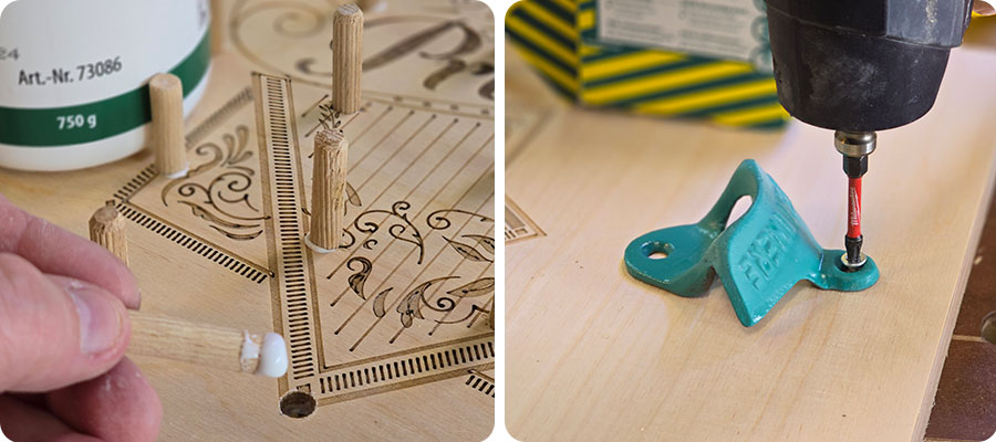 Dübel einkleben und Flaschenöffner montieren