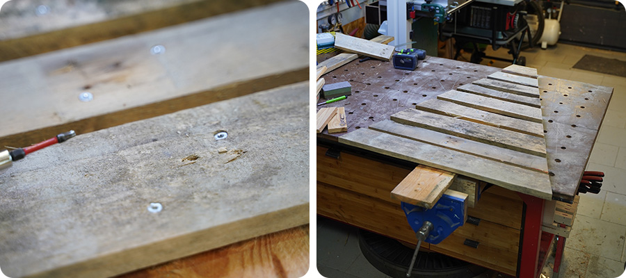 Die Holzbretter mit dem Holzstamm verbinden