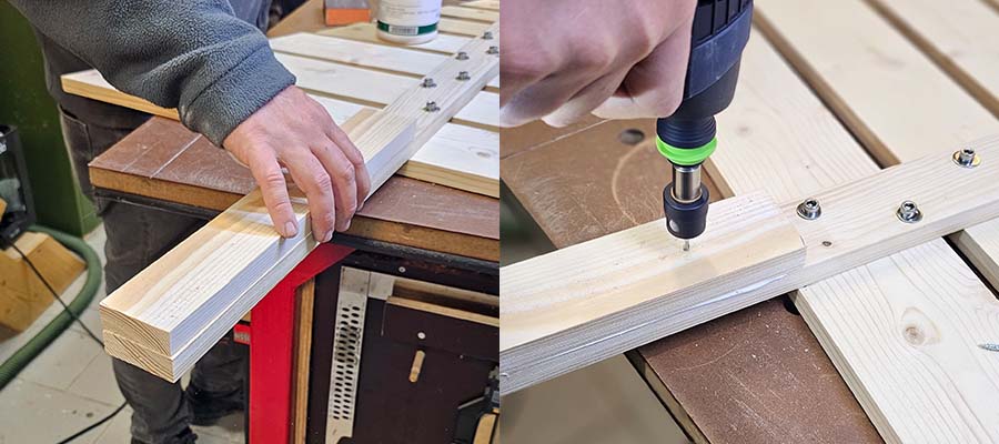 Die Holzlatte mit dem Fuß verbinden