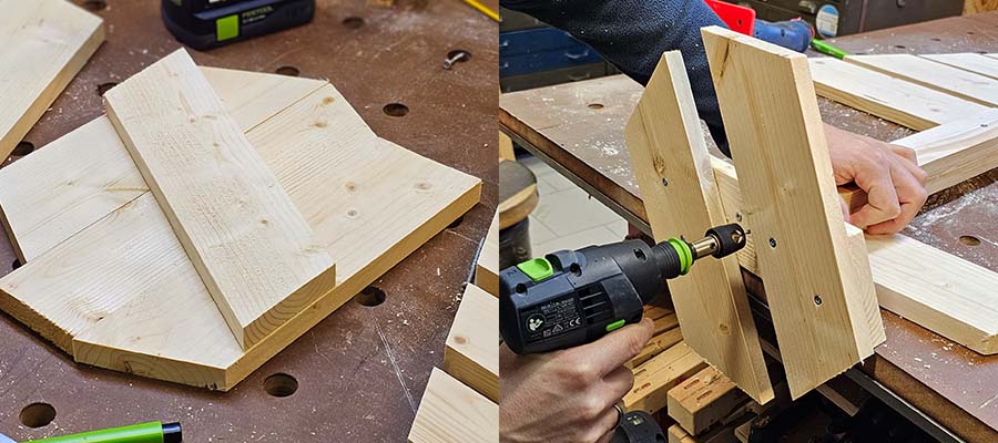 Die Holzlatte mit dem Fuß verbinden